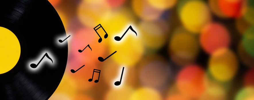 Music concept, record and music note on blur bokeh background with copy space