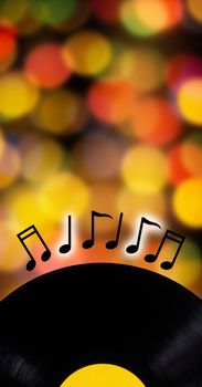 Music concept, record and music note on blur bokeh background with copy space