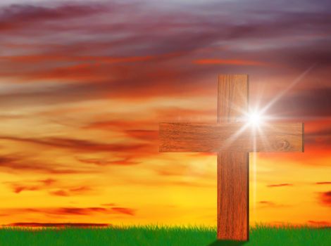 Holy wooden christian cross on sky background