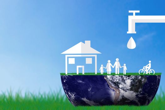 Save water concept, world water day, family and tap, Elements of this image furnished by NASA
