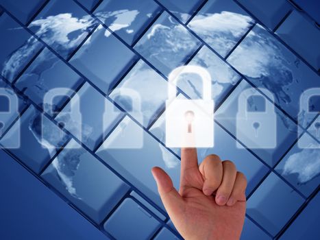 Internet security concept, hand and key on world map blue background, network protection, Elements of this image furnished by NASA