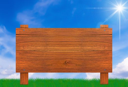 Wood sign on grass and blue sky background, summer and spring concept