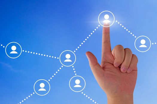 Social network concept, internet media, hand and people icon on blue sky background