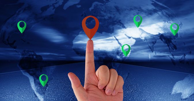 Navigation concept, male hand holding red pin, green pin on world map background, Elements of this image furnished by NASA