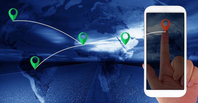 Navigation concept, male hand holding red pin on mobile phone, green pin on world map background, Elements of this image furnished by NASA