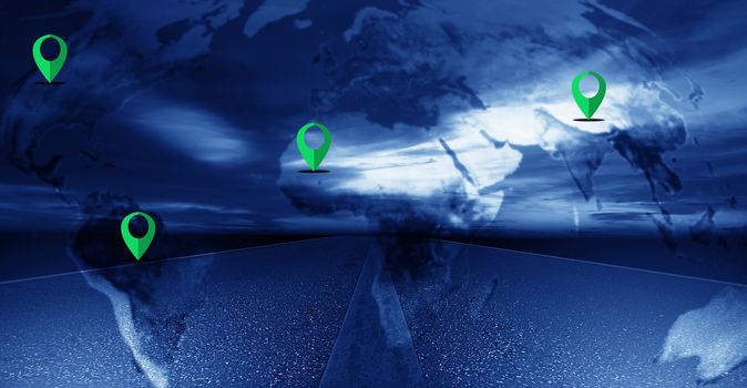 Navigation concept, road and world map with green pin on blue background, Elements of this image furnished by NASA
