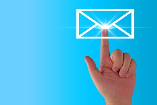 Email concept, hand and envelope icon on blue background