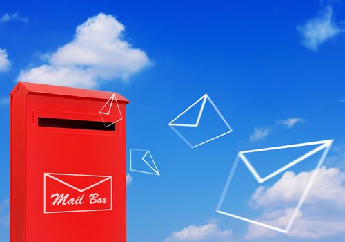 Red mail box and flying letter on blue sky background, post service concept