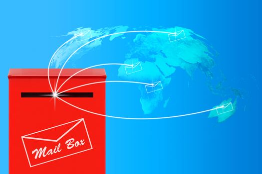 Email concept, world map and red mail box in blue tone, Elements of this image furnished by NASA