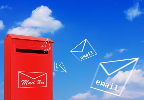Email concept, red mail box and flying letter on blue sky background