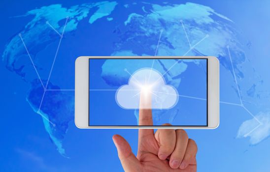 Cloud computing technology concept, hand touch on mobile phone, business connectivity with copy space, Elements of this image furnished by NASA