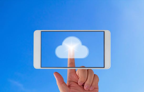 Cloud computing technology concept, hand touch on mobile phone, business connectivity with copy space