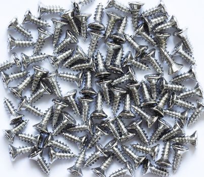 Metal screws on white background.