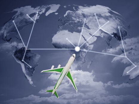 Travel concept, green airplane on world map background, Elements of this image furnished by NASA