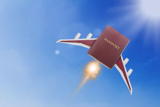 Travel concept, fly passport on blue sky background