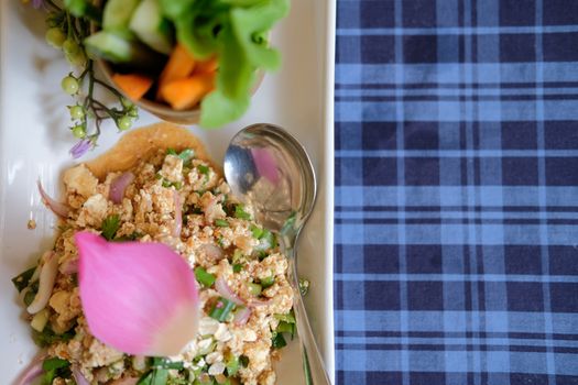 vegan spicy tofu vegetable salad. vegetarian appetizer