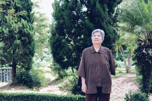 elder woman resting in garden. asian elderly female relaxing outdoors. senior leisure lifestyle