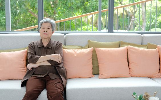asian elder female woman resting relaxing on sofa at home. elderly senior leisure lifestyle