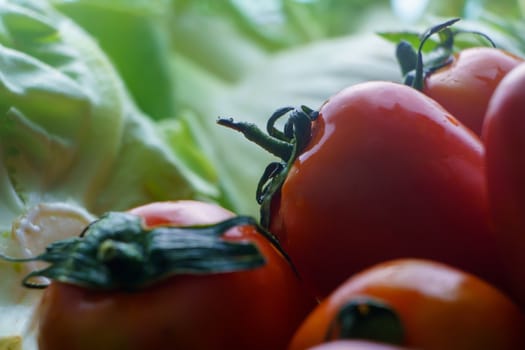 Healthy nutrition with fresh raw vegetables: close up detail of a tomato in the foreground on green vegetables in background bokeh effect