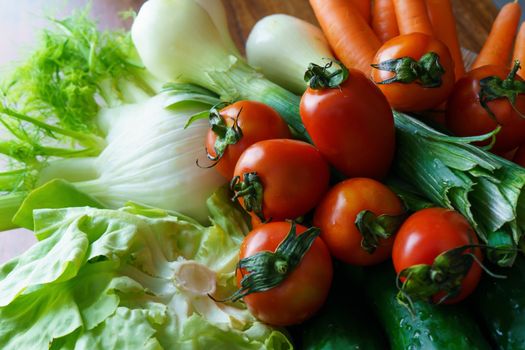 Healthy nutrition with fresh raw vegetables: a low angle close up view of a group of salad ingredients, lettuce, tomatoes, cucumbers, fennel, spring onions, and carrots