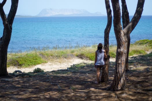 Pensive young woman with long hair and hat, seen from behind, looks at the sea leaning against a tree in a pine forest