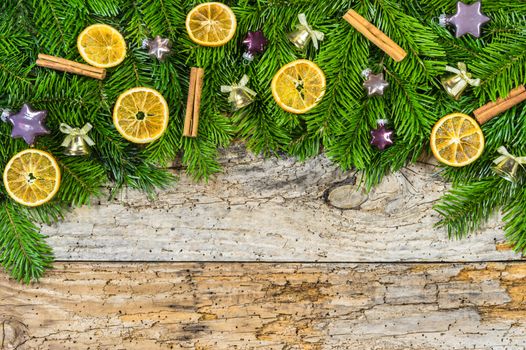Xmas decoration on old wooden background with copy space