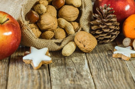 Christmas food composition on wooden table