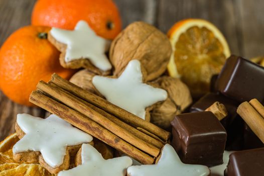 Christmas sweet food composition on wooden table