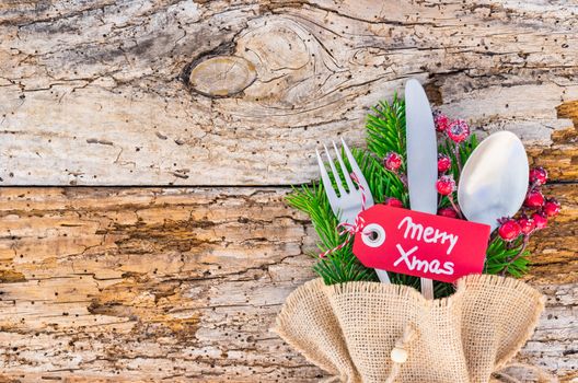 Christmas table place setting, meal, cutlery, holidays background