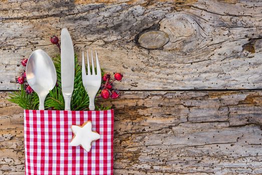 Rustic Christmas table place setting, holidays season celebration background