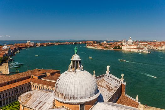 Widde angle view on Venetian Lagoon and islands from Campanile San Giorgio Maggiore.