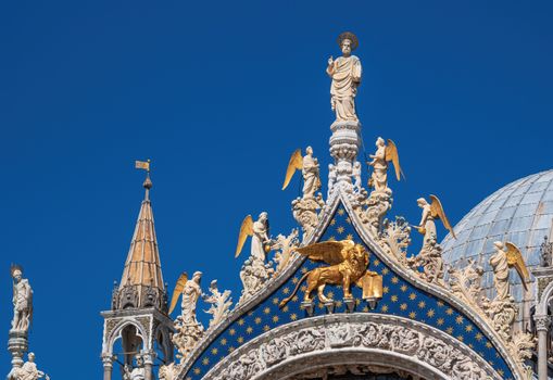 Facade of Saint Mark's Basilica in Venice. Renaissance art of old Venice.