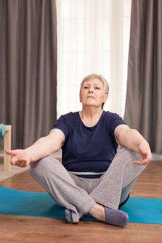 Portrait of old woman practicing yoga for a healthy body. Old person pensioner online internet exercise training at home sport activity with dumbbell, resistance band, swiss ball at elderly retirement age