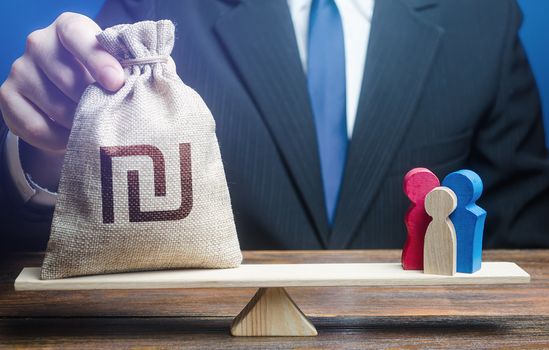 Man puts Israeli shekel money bag on scales with family figures. Social assistance benefits, financial support. Charitable donations. Investments in human capital, culture and social projects.