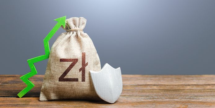Polish zloty money bag with a shield and a green arrow up. Increasing the maximum amount of guaranteed deposits insurance compensation. Safety security of investments, financial system stability.