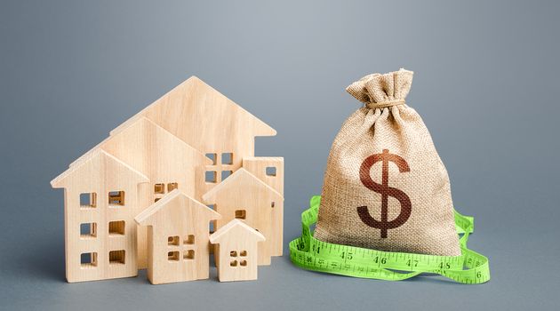 Residential houses and a dollar money bag. Property real estate valuation. Buying and selling, fair price. Calculation of expenses, construction and repair. City municipal budget. Mortgage loan