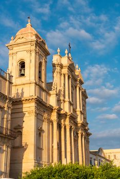The beautiful baroque cathedral of Noto in Sicily, Italy, in the evening sun