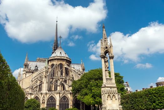 The backside of the famous Notre Dame cathedral in Paris, France