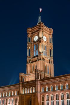 The tower of the townhall in Berlin at night