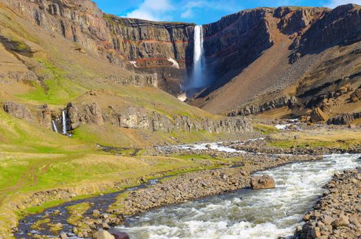 The Hengifoss waterfall in Iceland in the distance