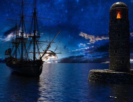 Pirate sailship near the old lighthouse with fire at moonlight - 3d rendering