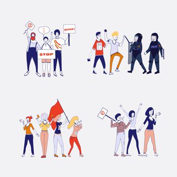 Big set of protesting people holding banners and placards. Men and women characters on political meeting, parade or rally. Group of male and female protesters or activists. . cartoon line illustration.