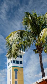 A Stucco Tower Beyond Palm Tree in Nassau Bahamas