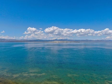 Aerial view of Mono Lake with tufa rock formations during summer season, Mono County, California, USA