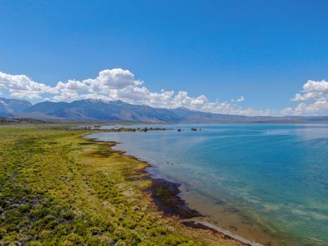 Aerial view of Mono Lake with tufa rock formations during summer season, Mono County, California, USA