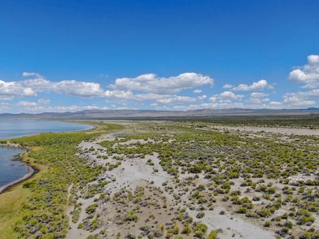 Aerial view of Mono Lake with tufa rock formations during summer season, Mono County, California, USA