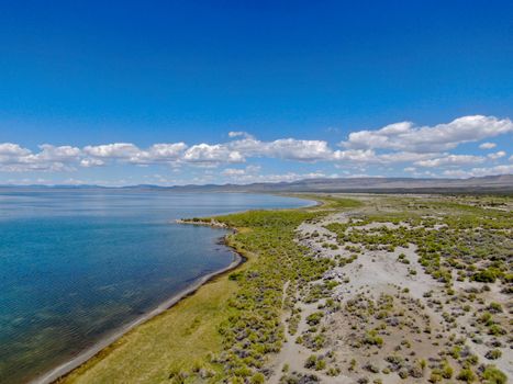 Aerial view of Mono Lake with tufa rock formations during summer season, Mono County, California, USA