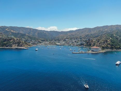 Aerial view of Avalon Bay in Santa Catalina Island, tourist attraction in Southern California, USA