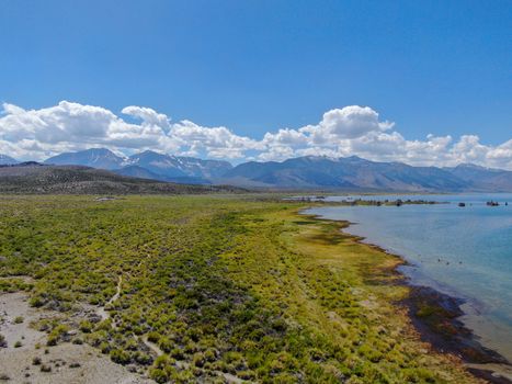 Aerial view of Mono Lake with tufa rock formations during summer season, Mono County, California, USA