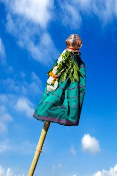 As per Hindu culture, hosted `Gudhi` on a clear background of gorgeous blue sky. Gudi Padwa is the Hindu New Year Day.